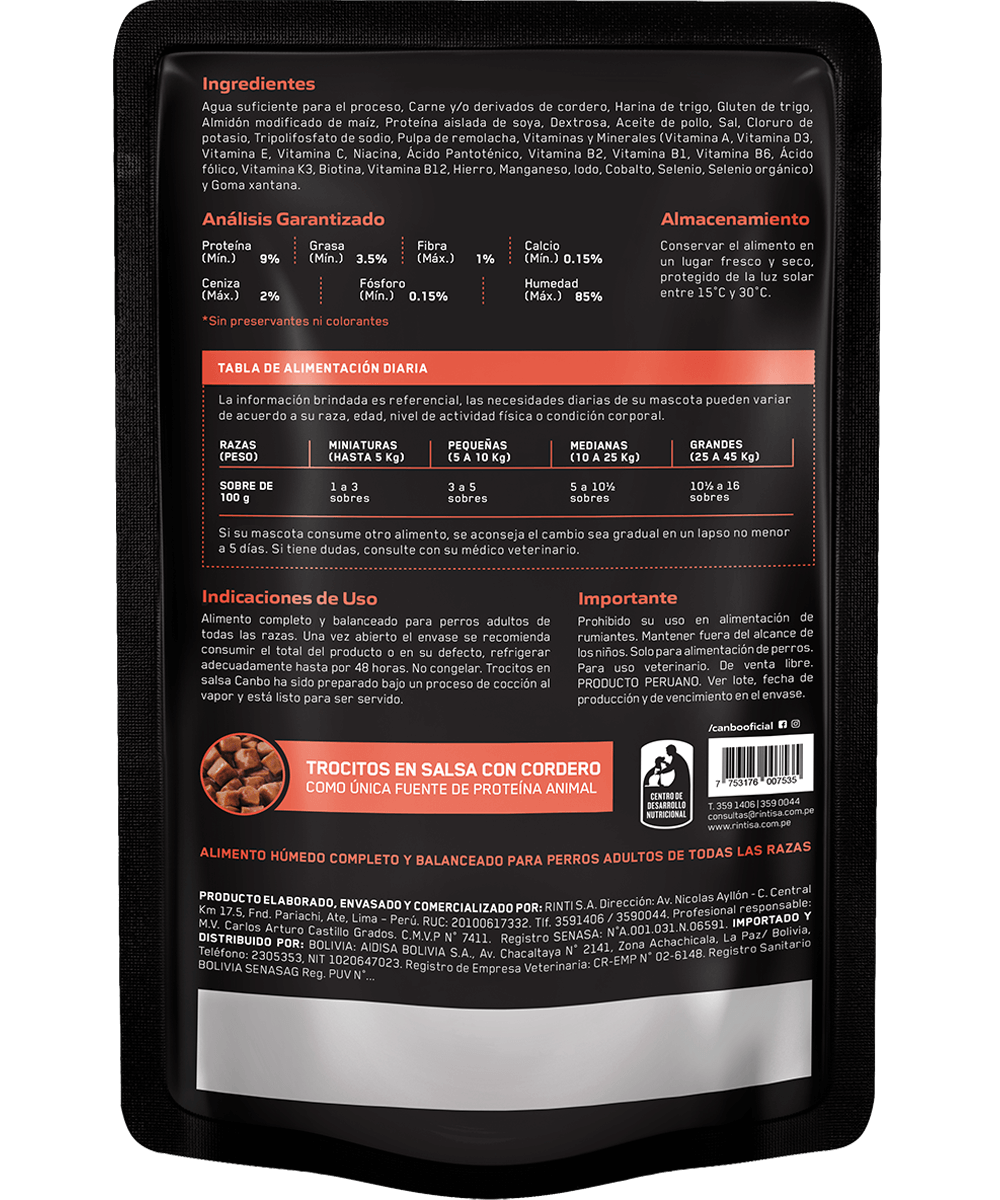 Canbo Perro Trocitos Adulto en Salsa de Cordero 100 gr