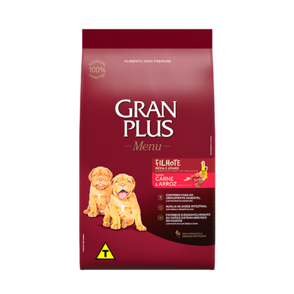 Gran Plus carne y arroz – Alimento para cachorros 15 kg + Plato de acero inoxidable gratis